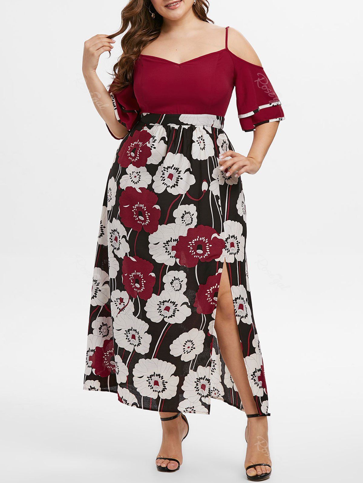 

Plus Size Floral Print Cold Shoulder Slit Dress, Red wine