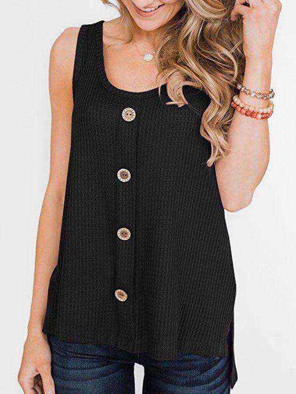 

Textured High Low Slit Buttoned Tank Top, Black