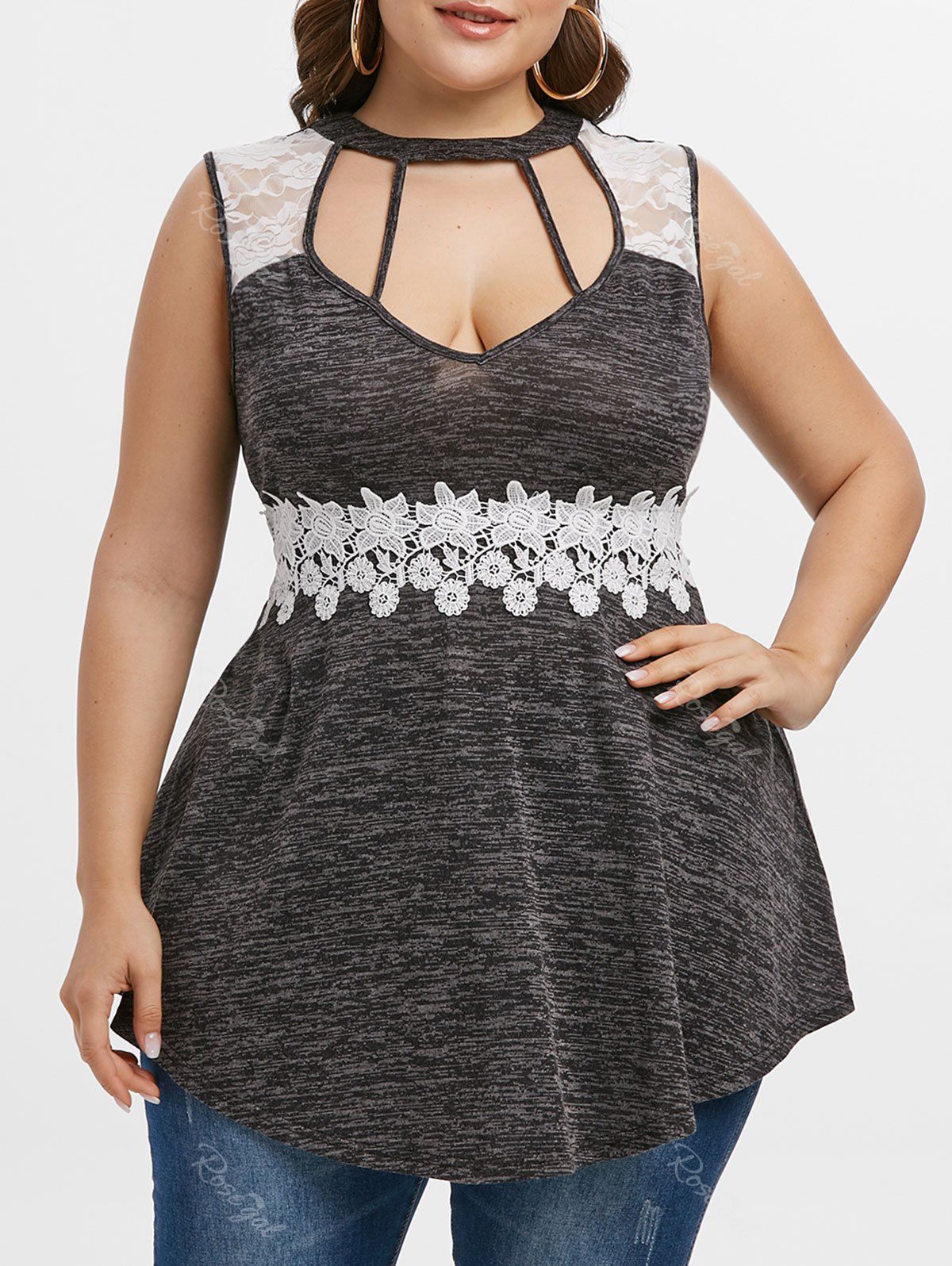 Plus Size Marled Contrast Lace Cutout Tank Top [30 OFF] Rosegal