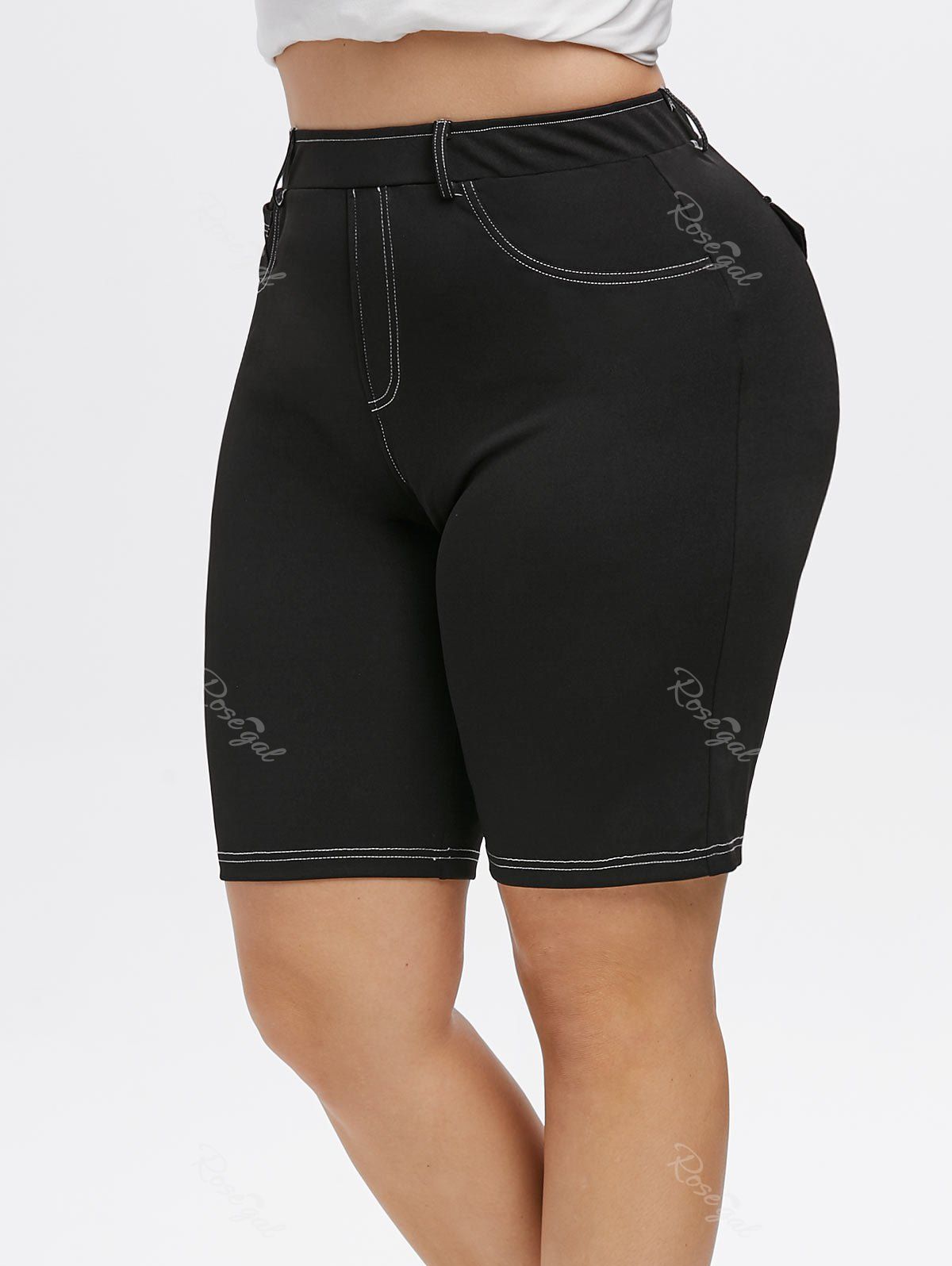 

Plus Size Faux Pockets Topstitching Shorts, Black