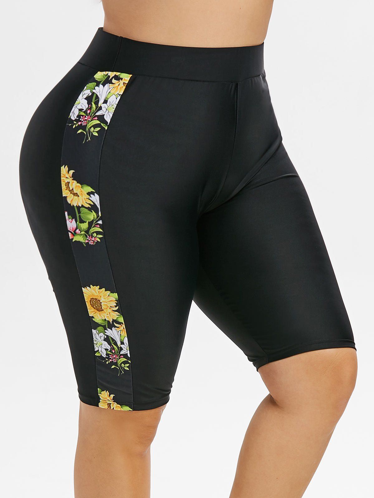 

Plus Size Sunflower Print Swim Beach Shorts, Black