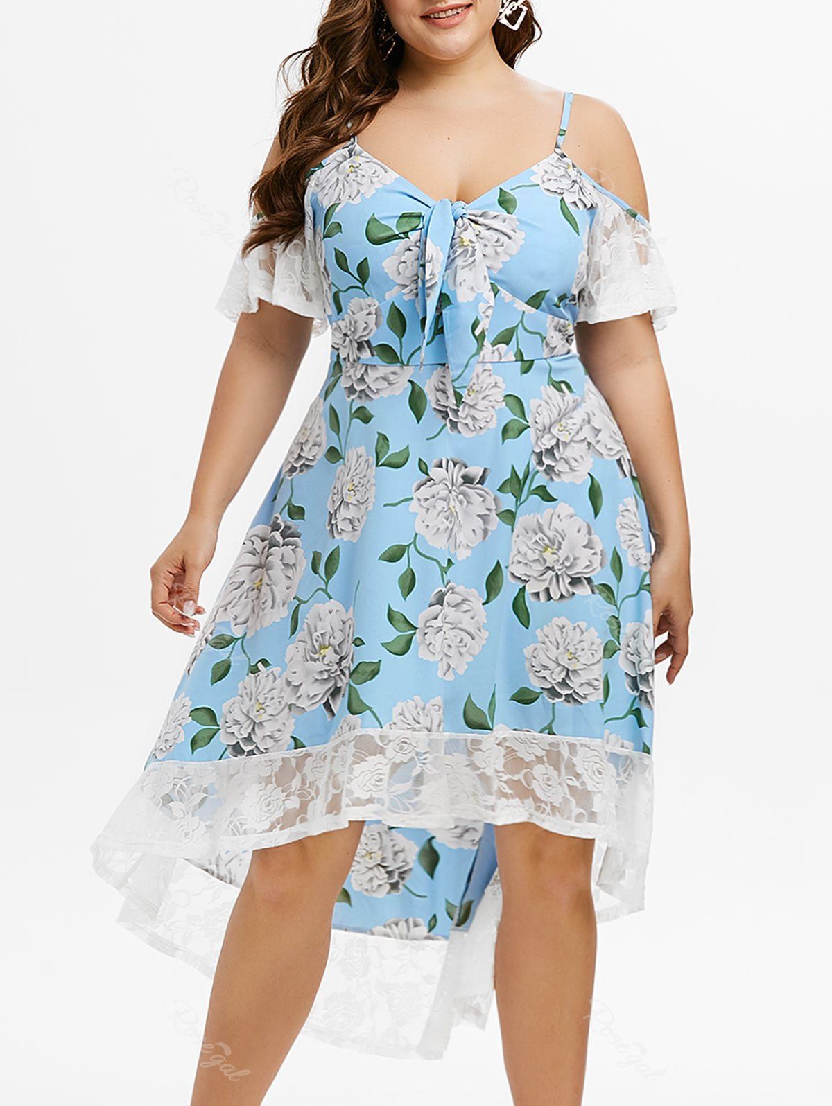 

Plus Size Flower Cold Shoulder Knot High Low Lace Panel Dress, Mist blue