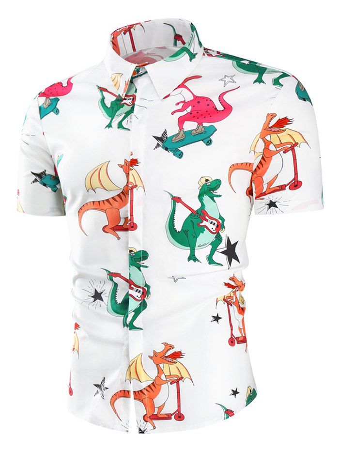 

Star Dinosaur Print Button Up Casual Shirt, White
