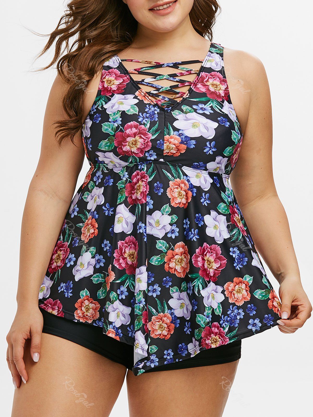 

Plus Size Crisscross Floral Print Tankini Swimwear, Black