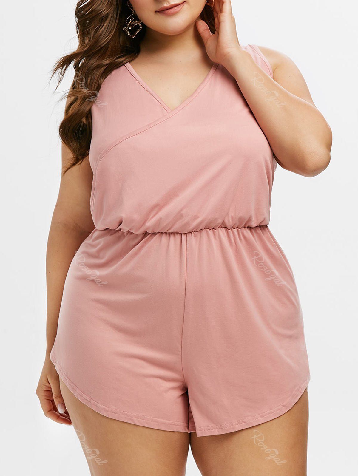 

Plus Size Plunge Stretchy-jersey Surplice Romper, Pink