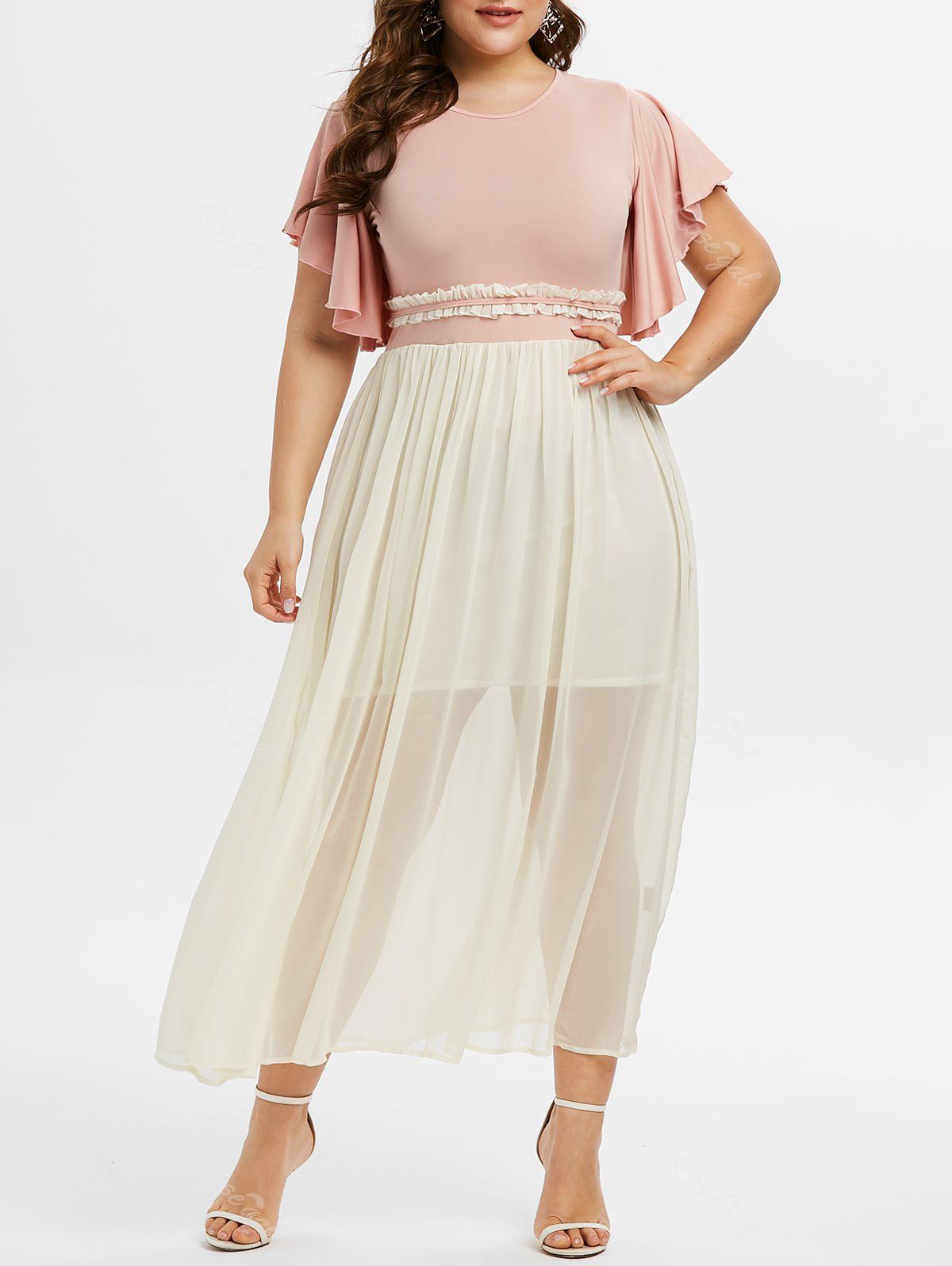 

Plus Size Butterfly Sleeve Two Tone Maxi Dress, Pink