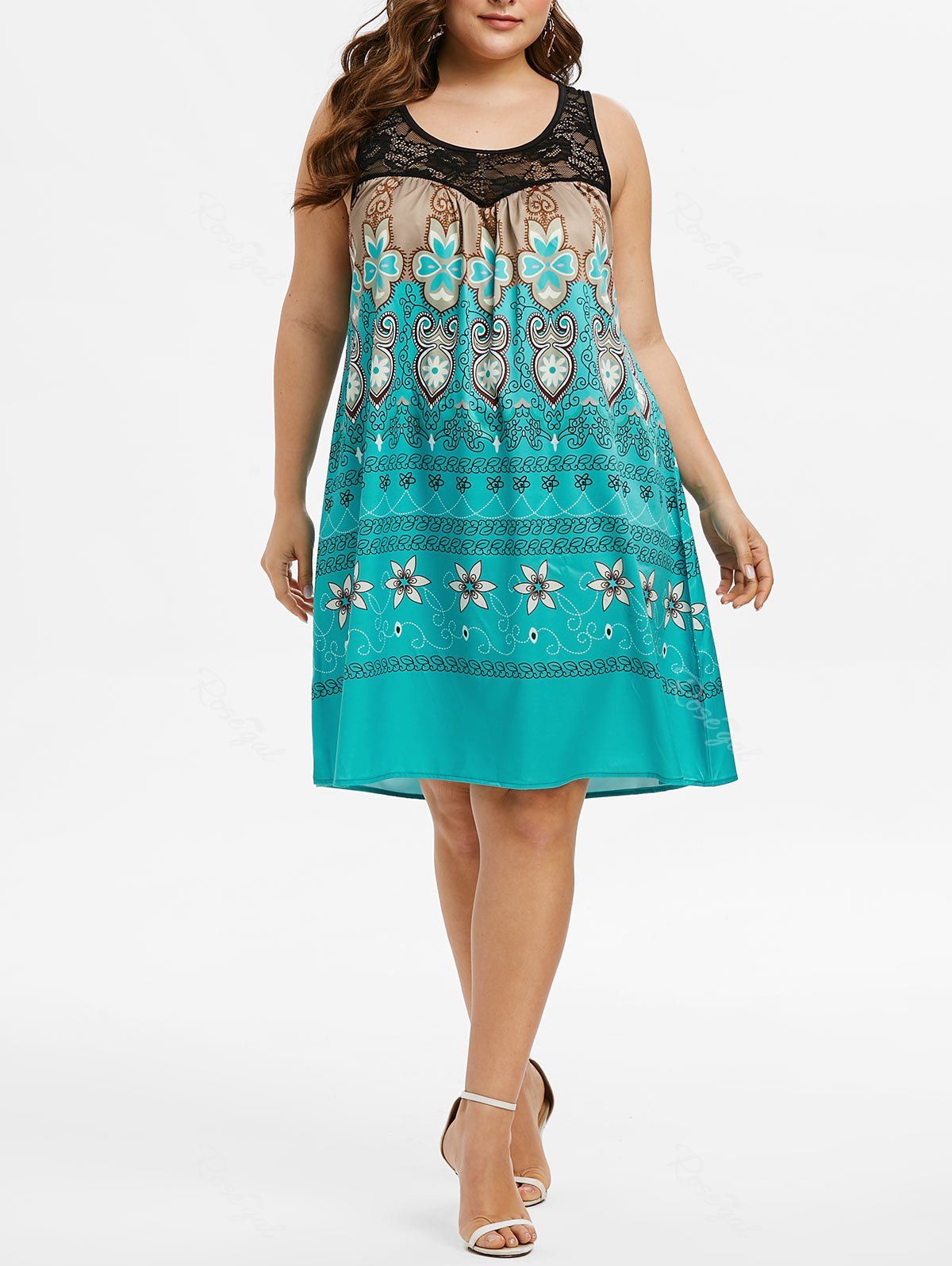 

Plus Size Tribal Print Lace Insert Swing Dress, Dark turquoise