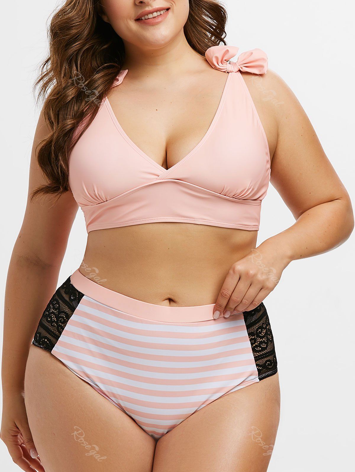 Chic Plus Size Bowknot Lace Panel Striped Bikini Swimsuit  