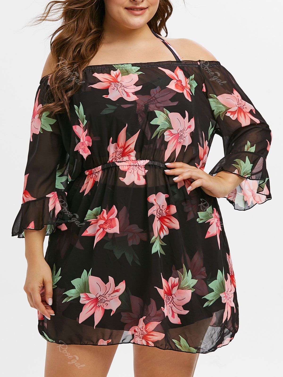 

Plus Size Floral Print Flounce Three Piece Swimwear, Black