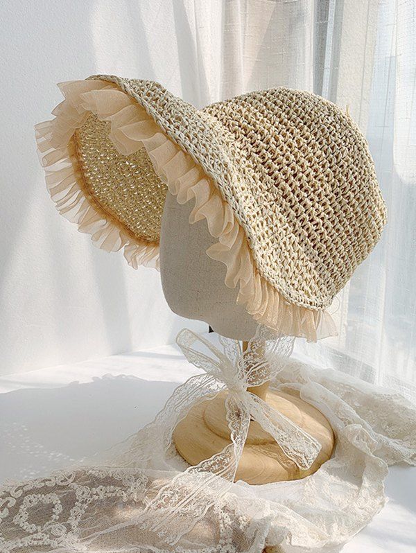 

Lace Ruffle Ribbon Sun Straw Hat, Beige