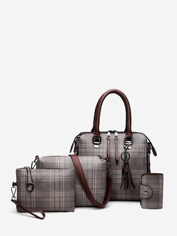 

Plaid Print Nylon Tote Bag Set, Gray