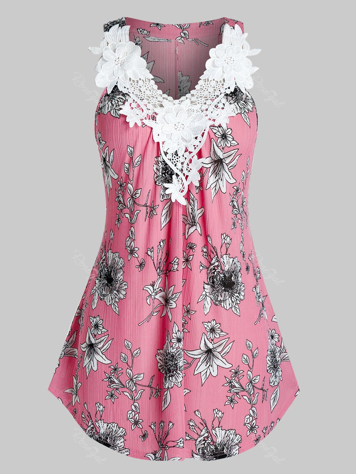 

Plus Size Applique Flower Print Textured Tunic Tank Top, White