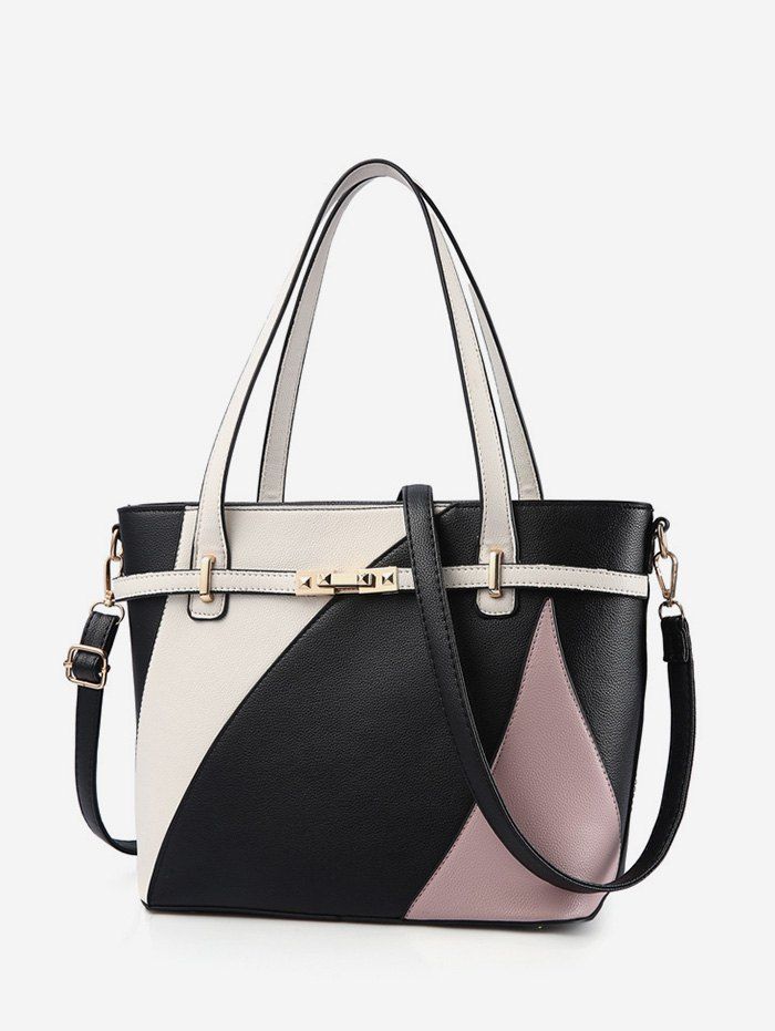 

Colorblock Large Capacity Leather Tote Bag, Black