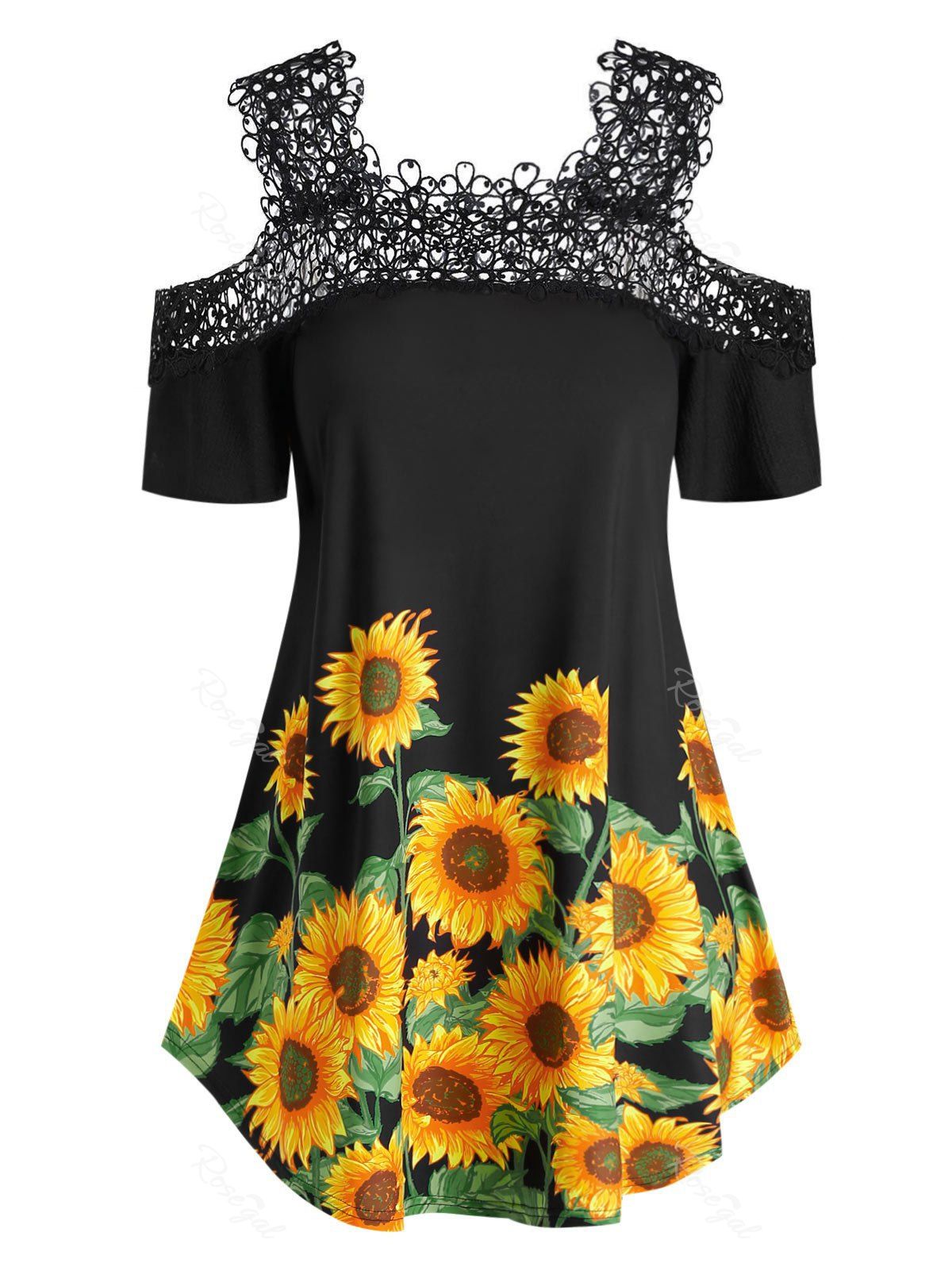 

Plus Size Cold Shoulder Sunflower Print T Shirt, Black