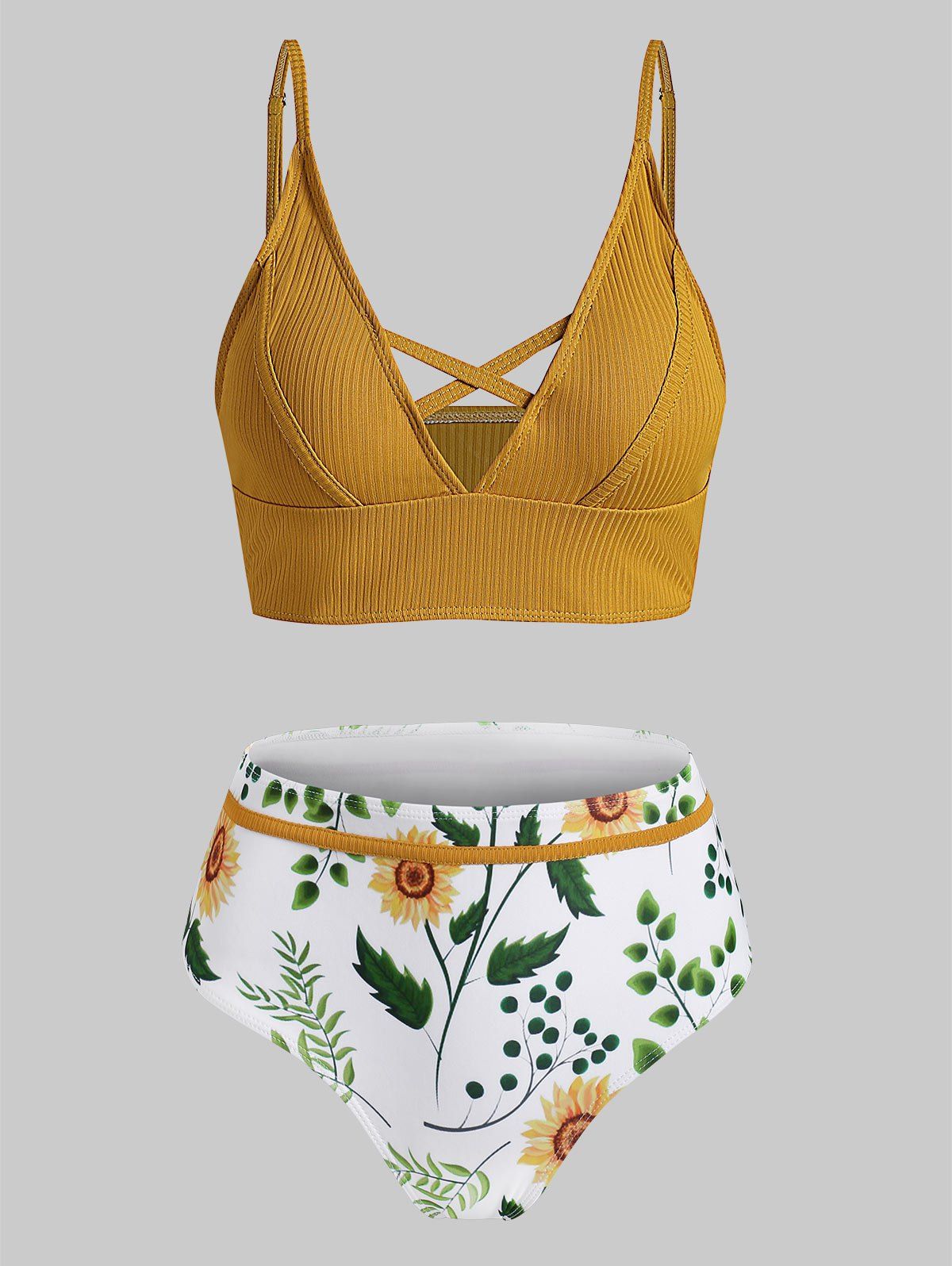 

Ribbed Sunflower Crisscross High Waisted Bikini Swimwear, Golden brown