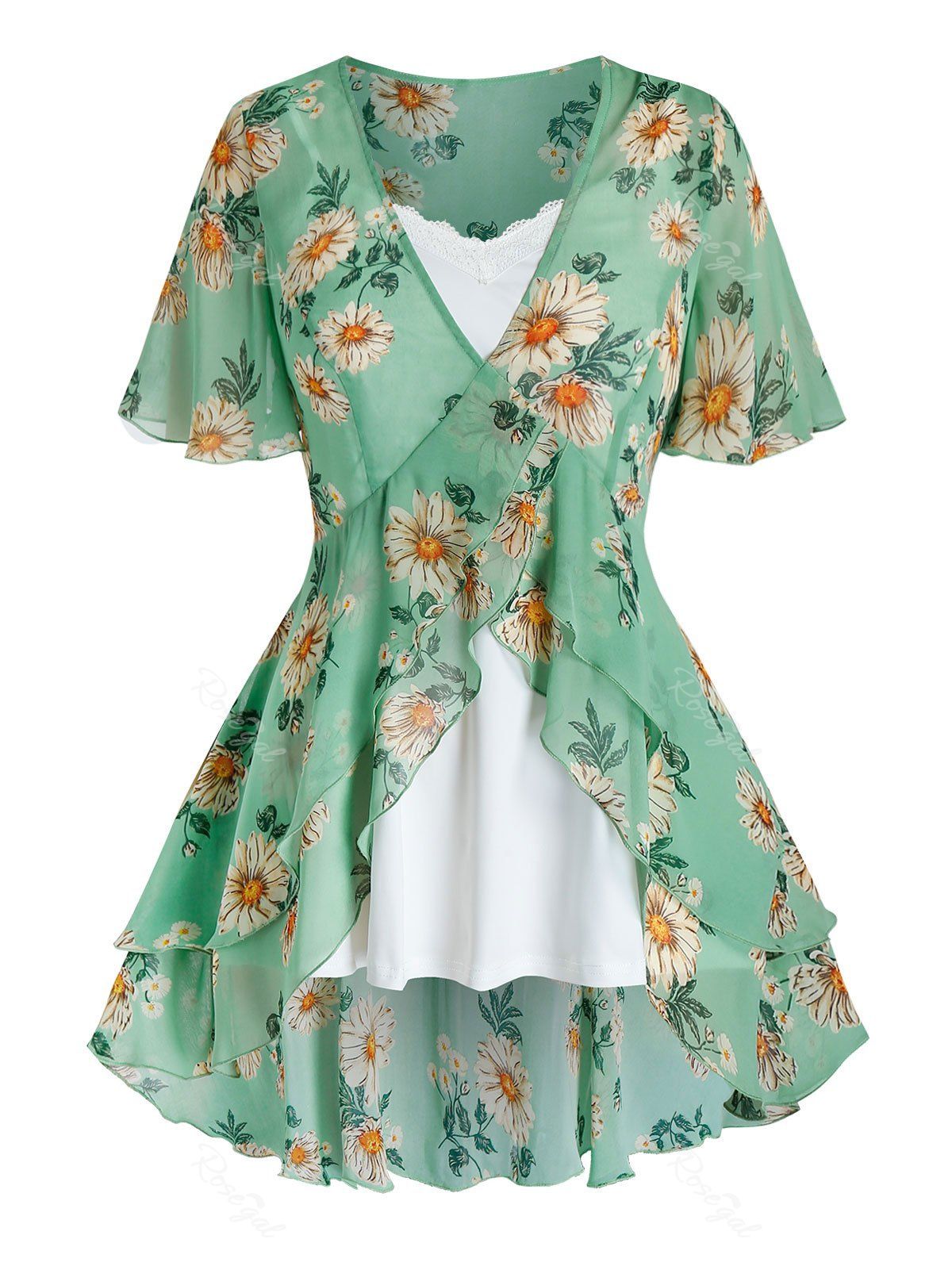 

Plus Size Flower Print Flounce Blouse and Cami Top Set, Multi