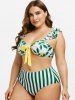 Plus Size Stripe Leaves Print High Rise Bikini Swimwear -  