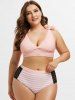 Plus Size Bowknot Lace Panel Striped Bikini Swimsuit -  