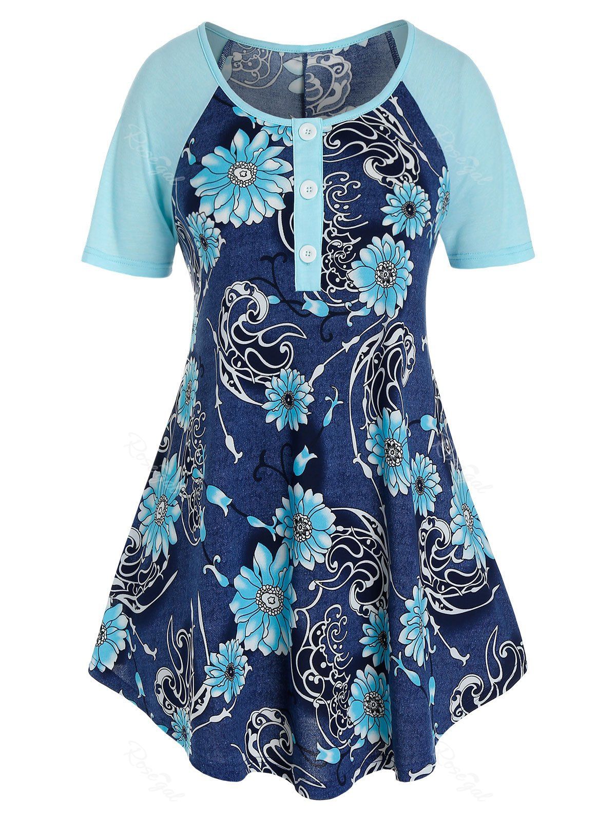 Plus Size Flower Print Curved Raglan Sleeve Tunic Tee