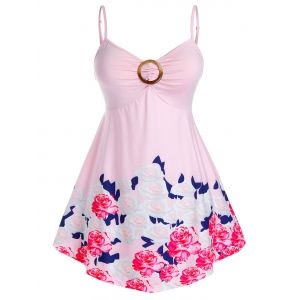 

Plus Size Flower Print Ring Backless Tunic Cami Tank Top, Pink