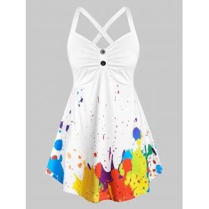 

Plus Size Splatter Paint Crisscross Ruched Tunic Tank Top, White