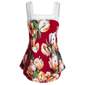 

Plus Size Tulip Print Lace Crochet Tank Top, Lava red