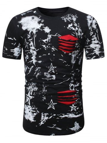 

Tie Dye Stars Print Ripped T-shirt, Black