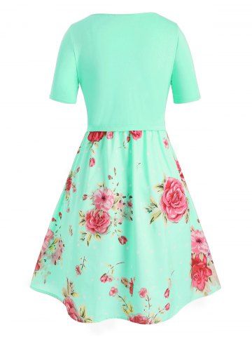 

Plus Size Floral Print Crossover A Line Dress, Mint green