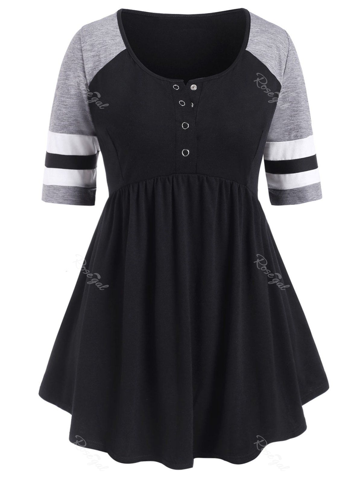 

Stripes Panel Snap Button Plus Size Top, Black