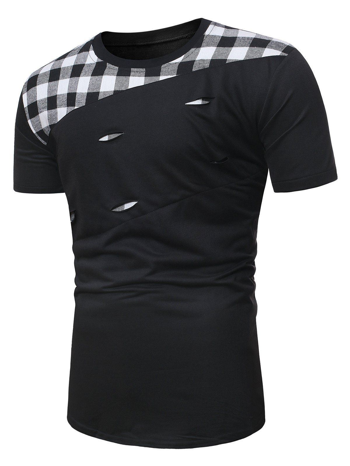

Plaid Print Ripped Casual T-shirt, Black