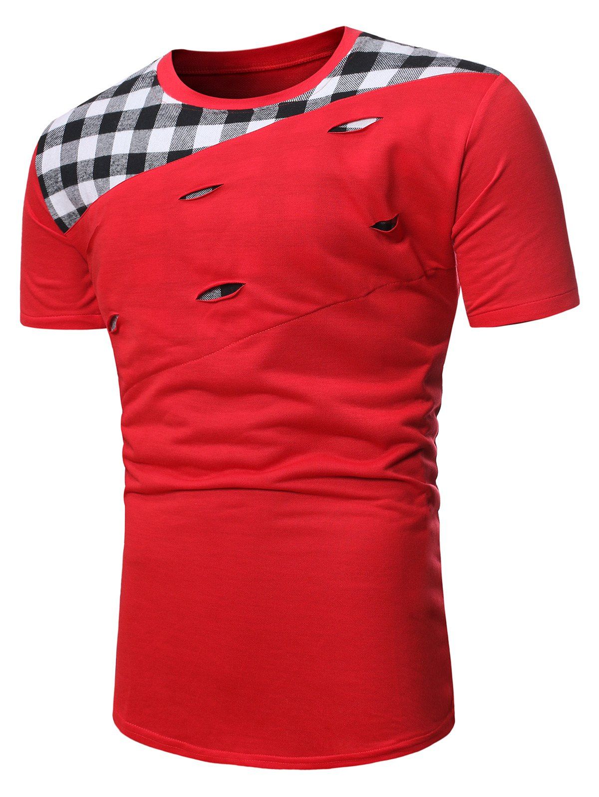 

Plaid Print Ripped Casual T-shirt, Red