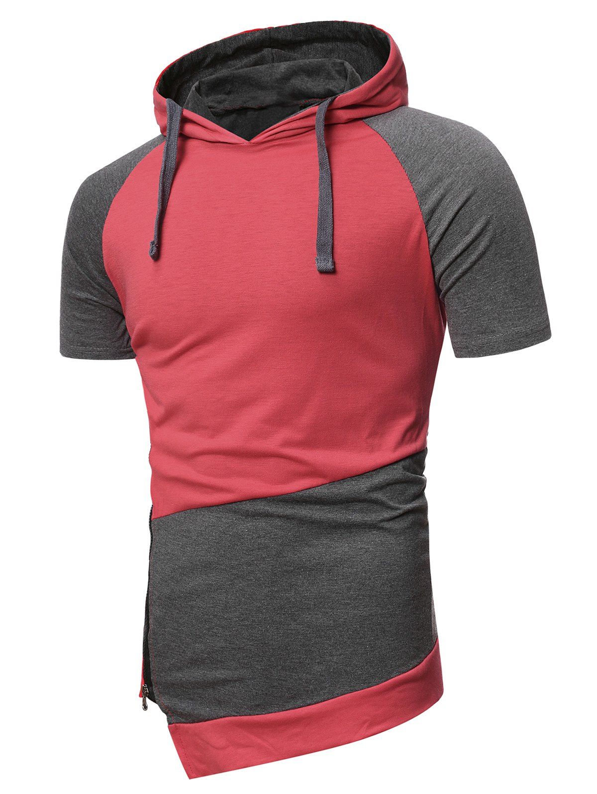 

Hooded Zipper Slit Asymmetric Contrast T-shirt, Red