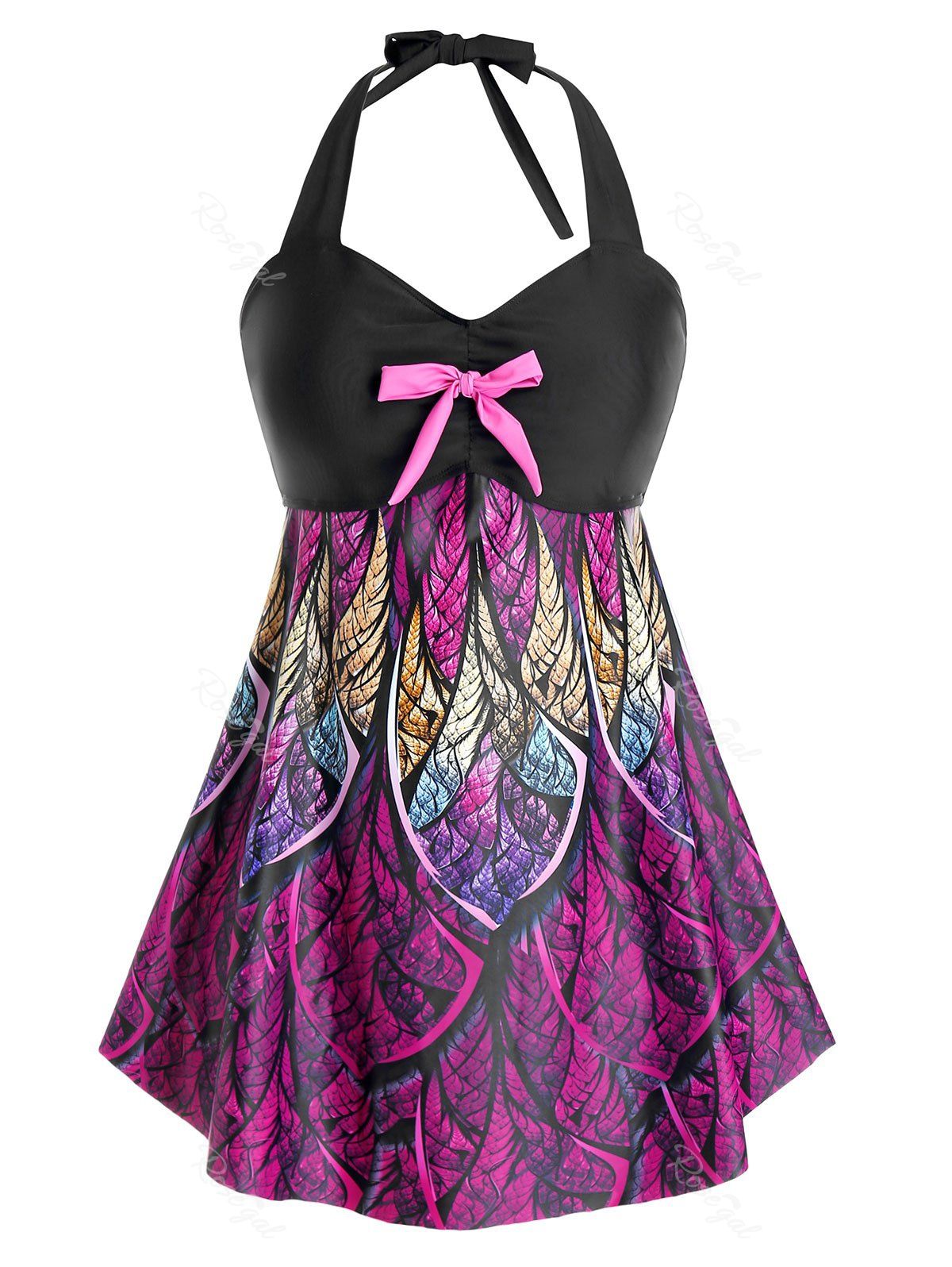 

Plus Size Halter Open Back Printed Tankini Swimwear, Plum