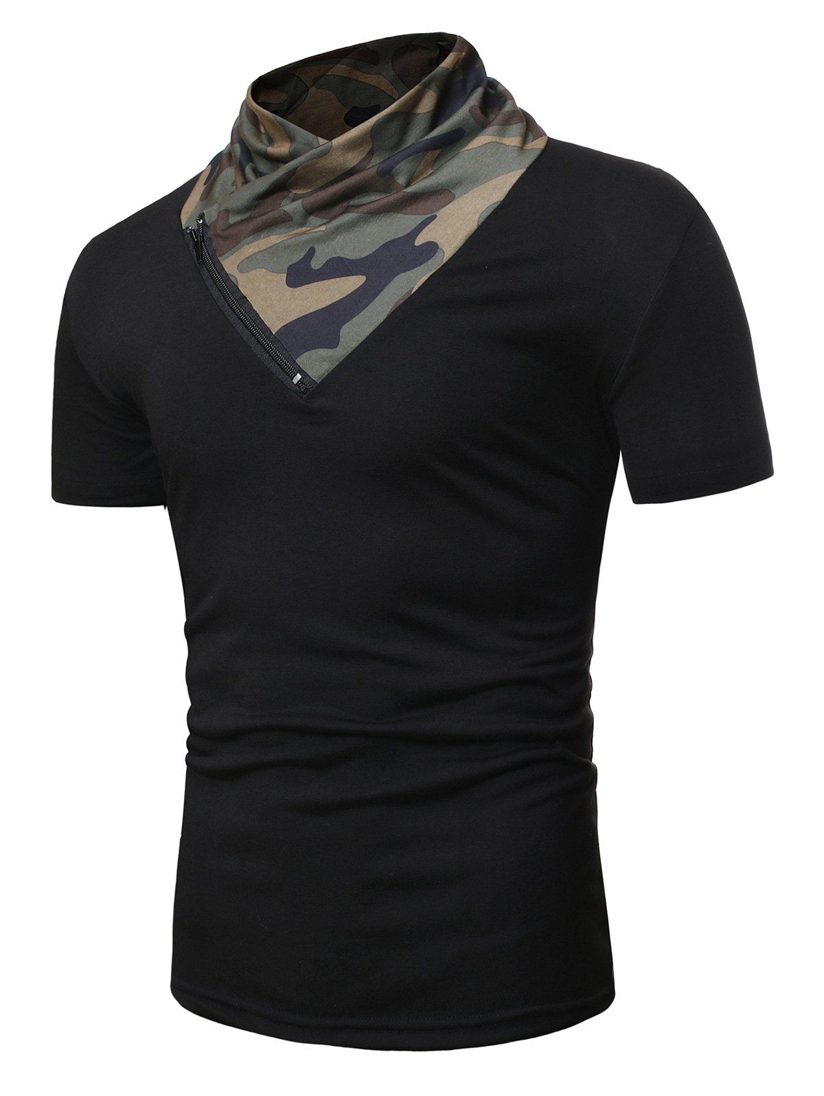

Camo Panel Short Sleeves Tee with Zipper, Black