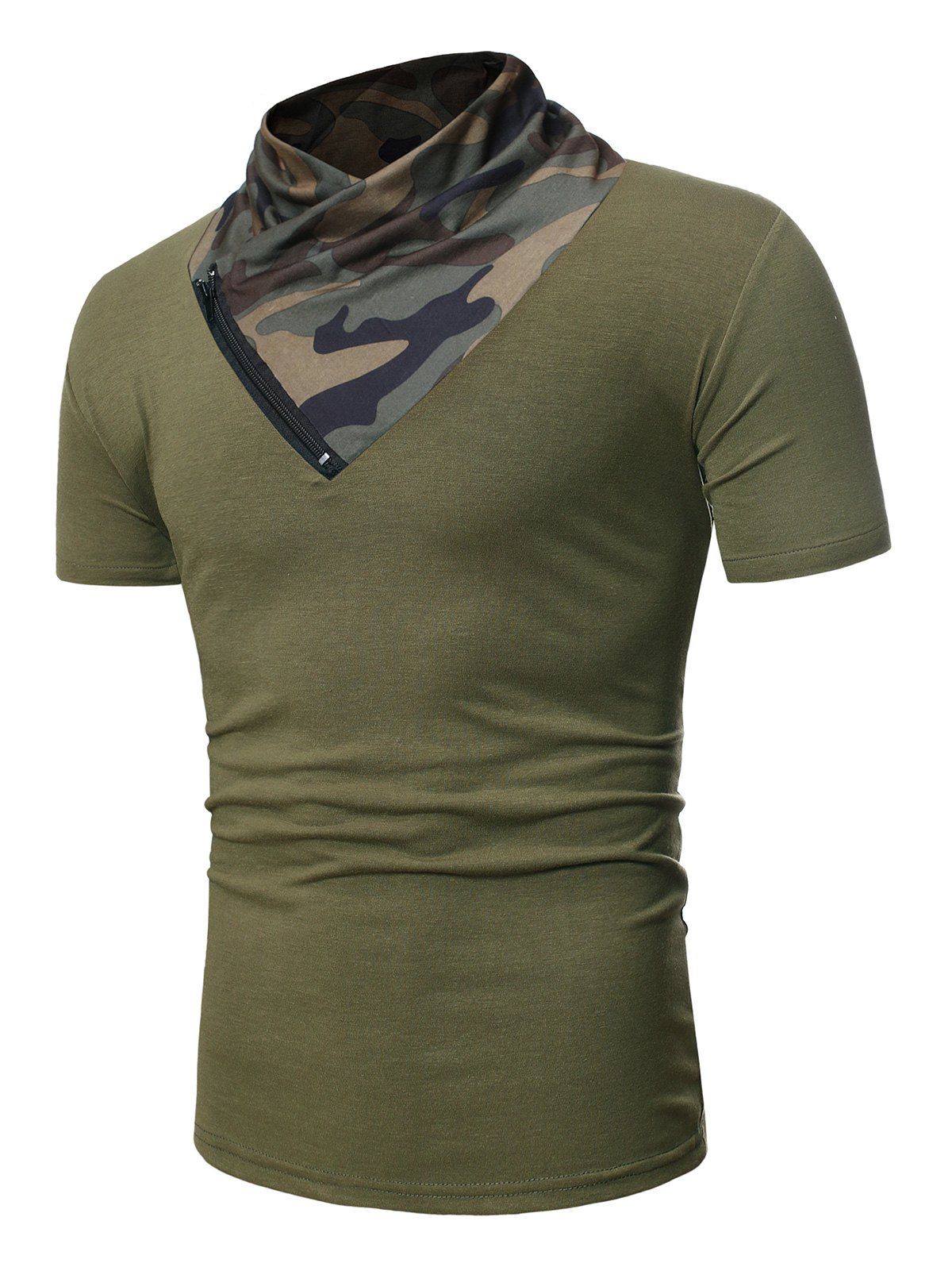 

Camo Panel Short Sleeves Tee with Zipper, Army green