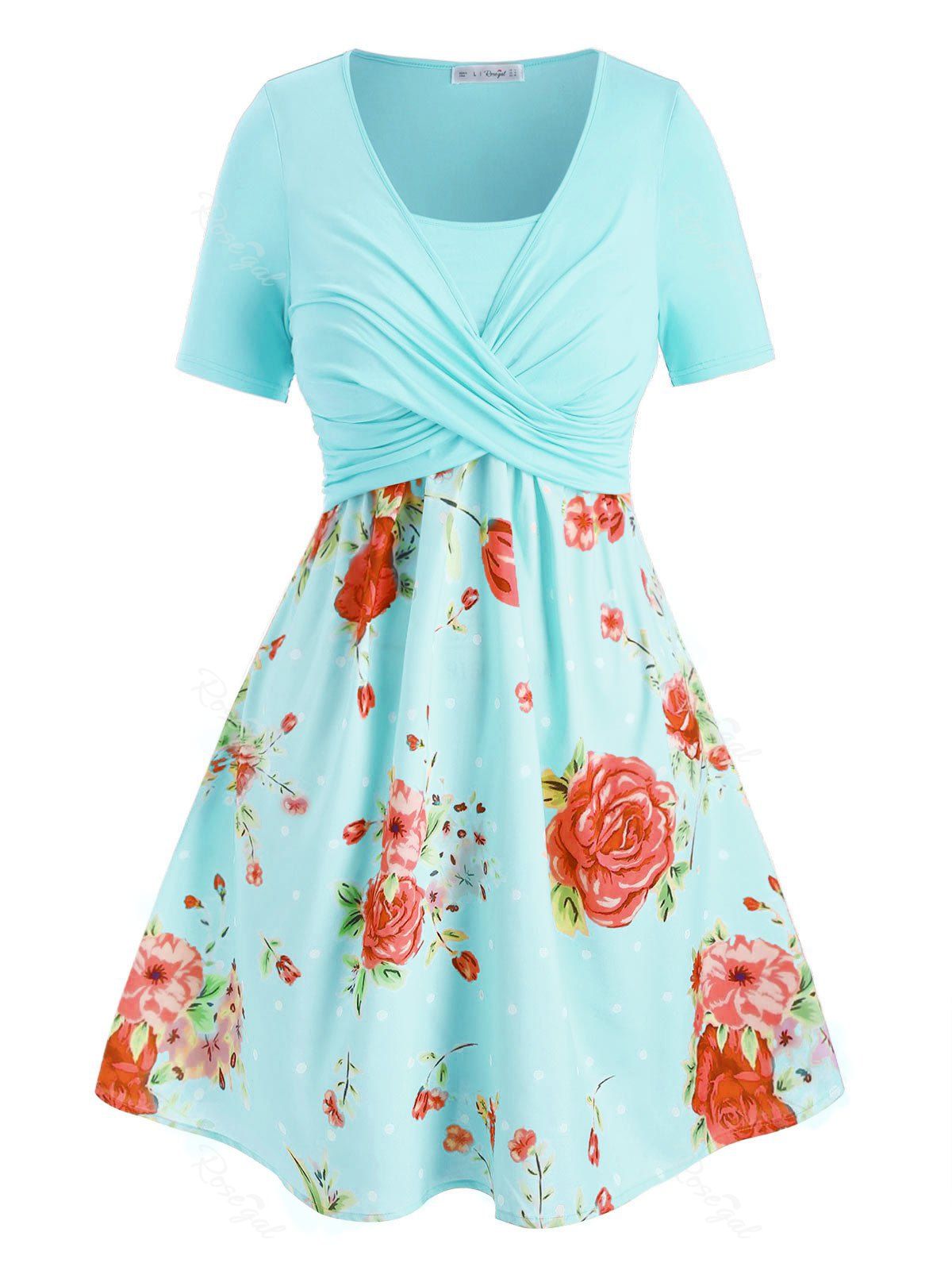 

Plus Size Floral Print Crossover A Line Dress, Robin egg blue