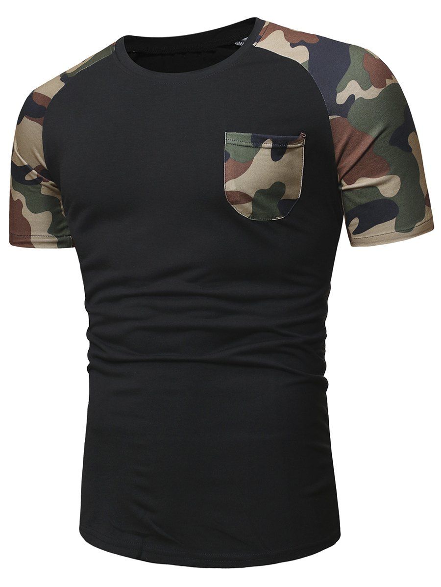 

Camo Panel Raglan Sleeves Tee with Pocket, Black