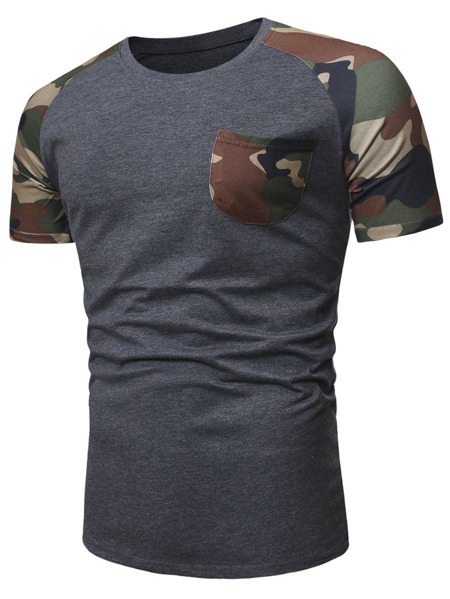 

Camo Panel Raglan Sleeves Tee with Pocket, Gray