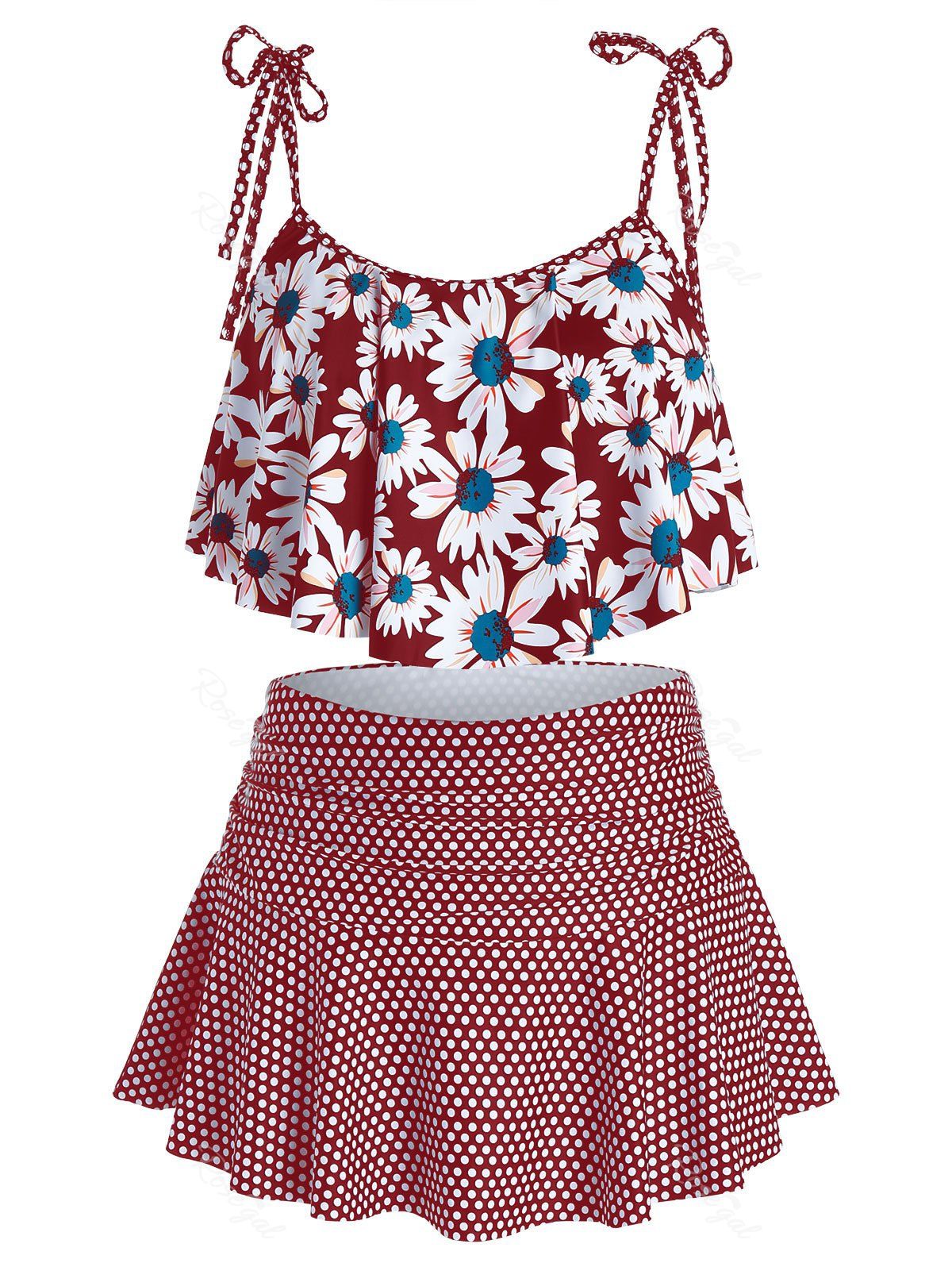 

Plus Size Floral Ruffle Polka Dot Tankini Swimwear, Red wine