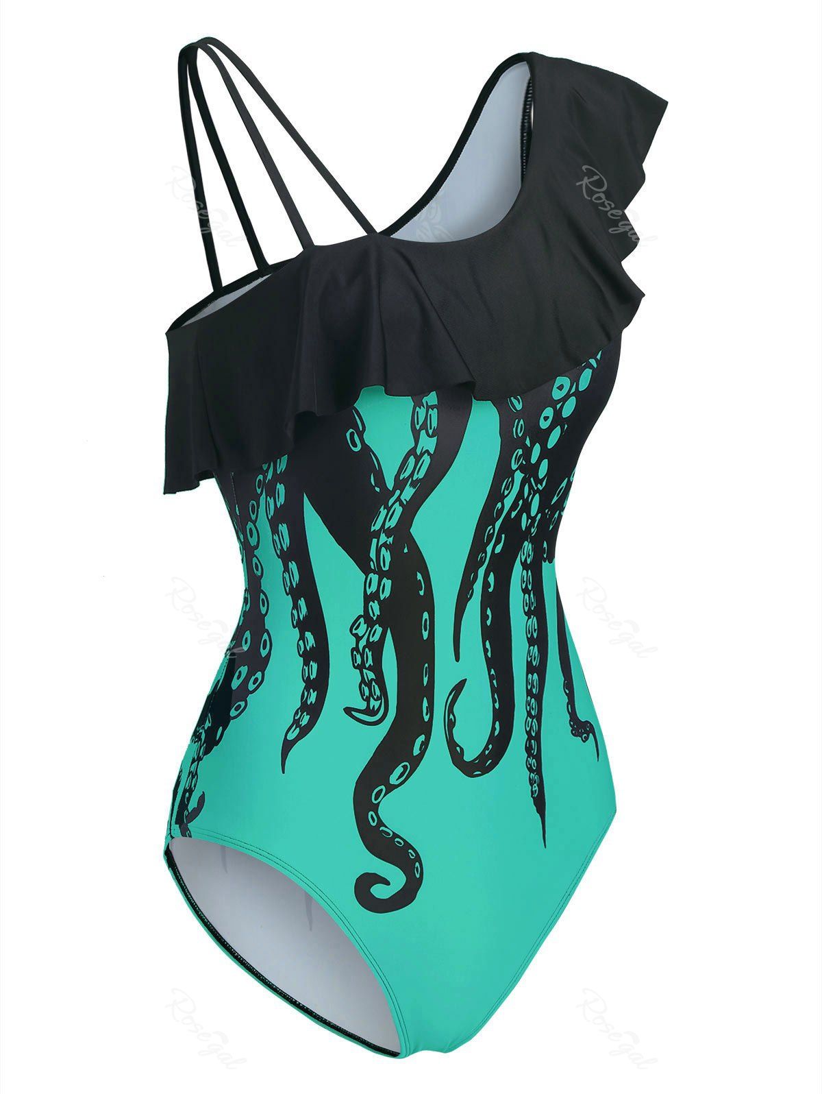Affordable Octopus Print Skew Neck Flounce One-piece Swimwear  