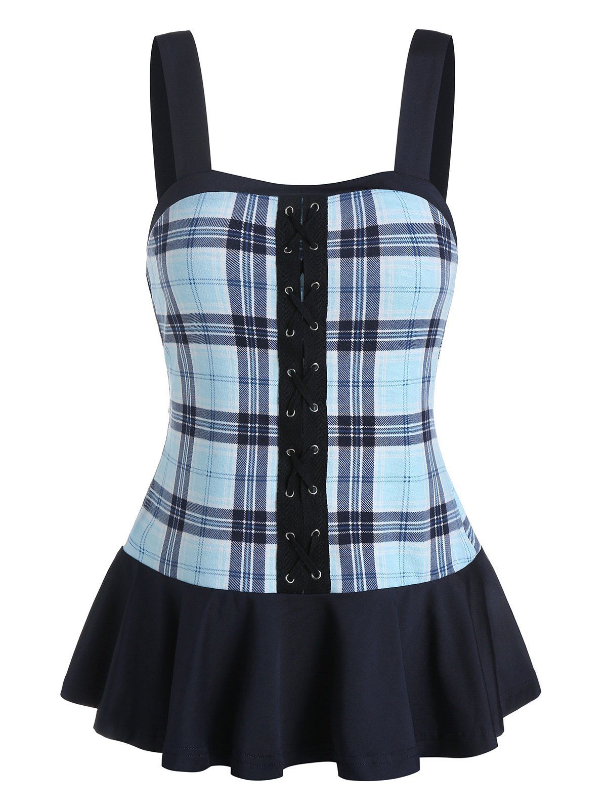 

Eyelet Crisscross Plaid Flounced Tank Top, Day sky blue