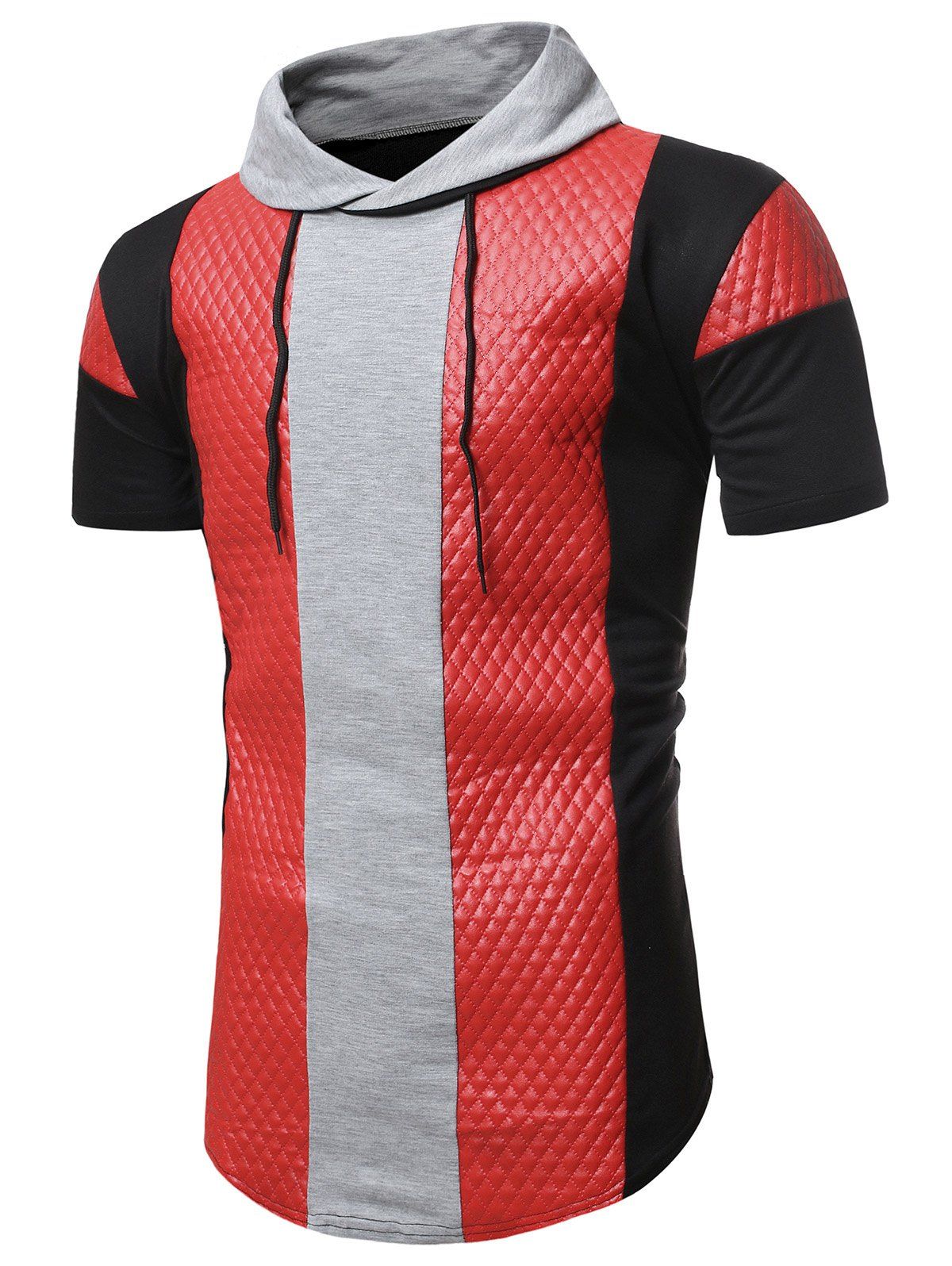 

Colorblock Quilted Shawl Collar Short Sleeve T Shirt, Black
