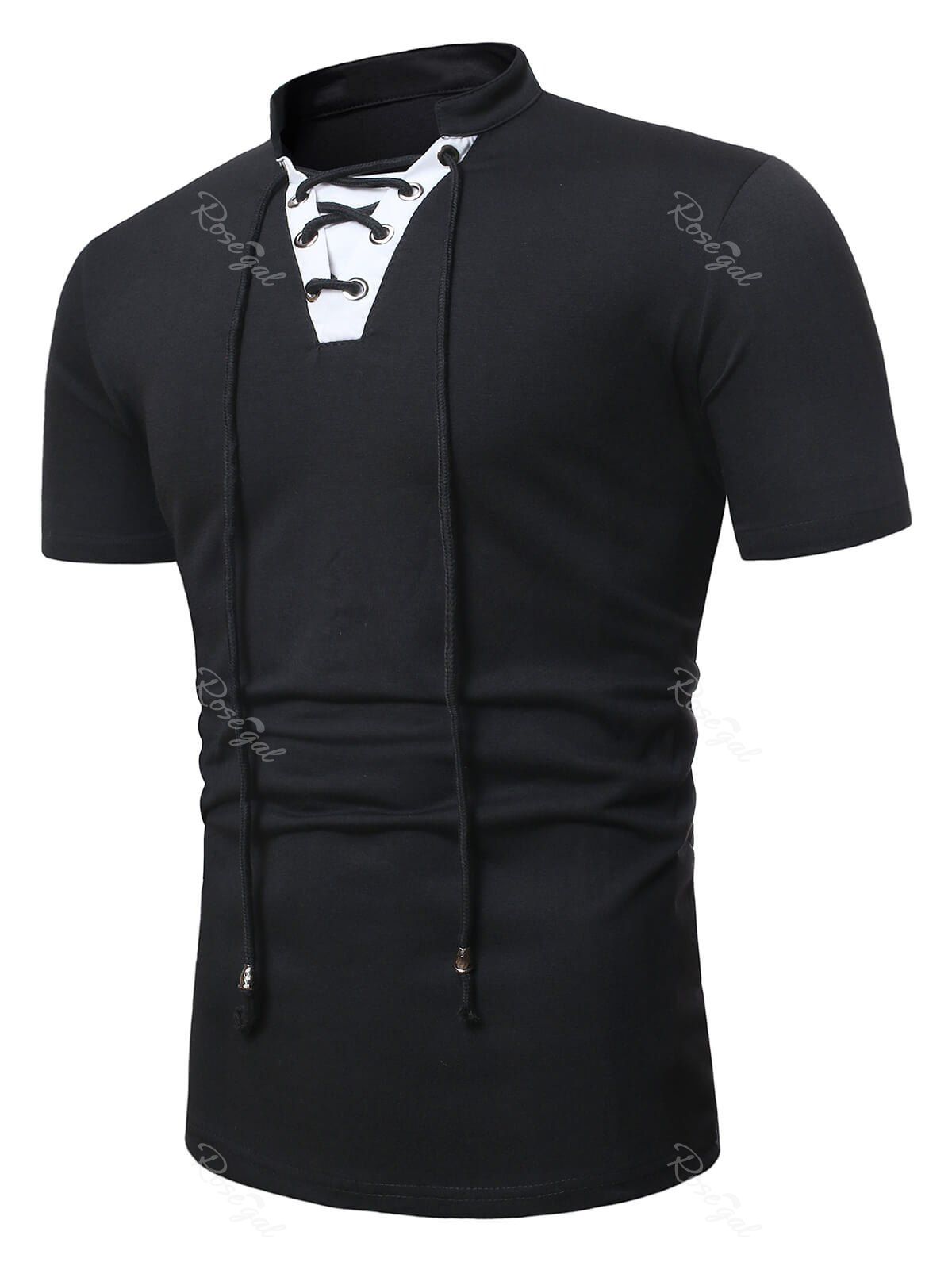 

Short Sleeve Lace-up Contrast T-shirt, Black