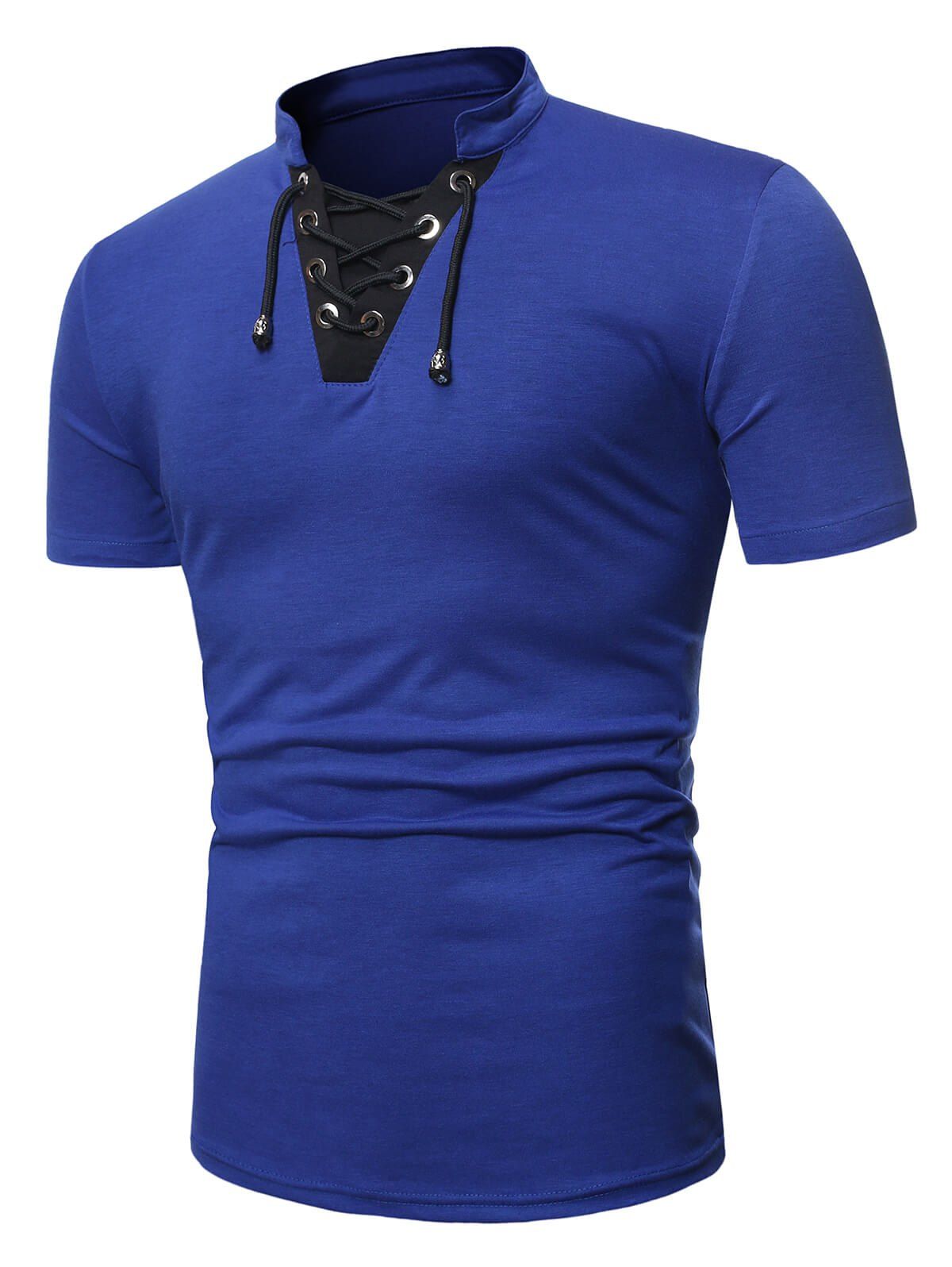 

Short Sleeve Lace-up Contrast T-shirt, Blue