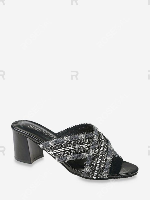 

Criss Cross Beads Chunky Heel Slides Sandals, Black