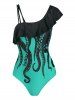 Octopus Print Skew Neck Flounce One-piece Swimwear -  