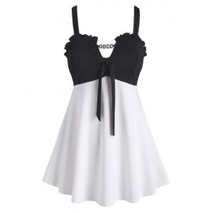 

Frilled Trim Two Tone Tie Front Plus Size Tank Top, White