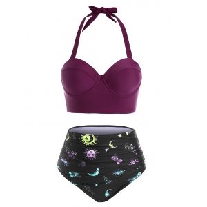 

Halter Push Up Astrology Sun Stars Moon Print Ruched Tankini Swimwear, Plum pie