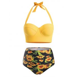 

Flower Print Plus Size Halter High Waisted Bikini, Bright yellow