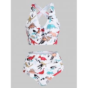 

Cartoon Dinosaur Print Bow Detail Padded Tankini Set, White